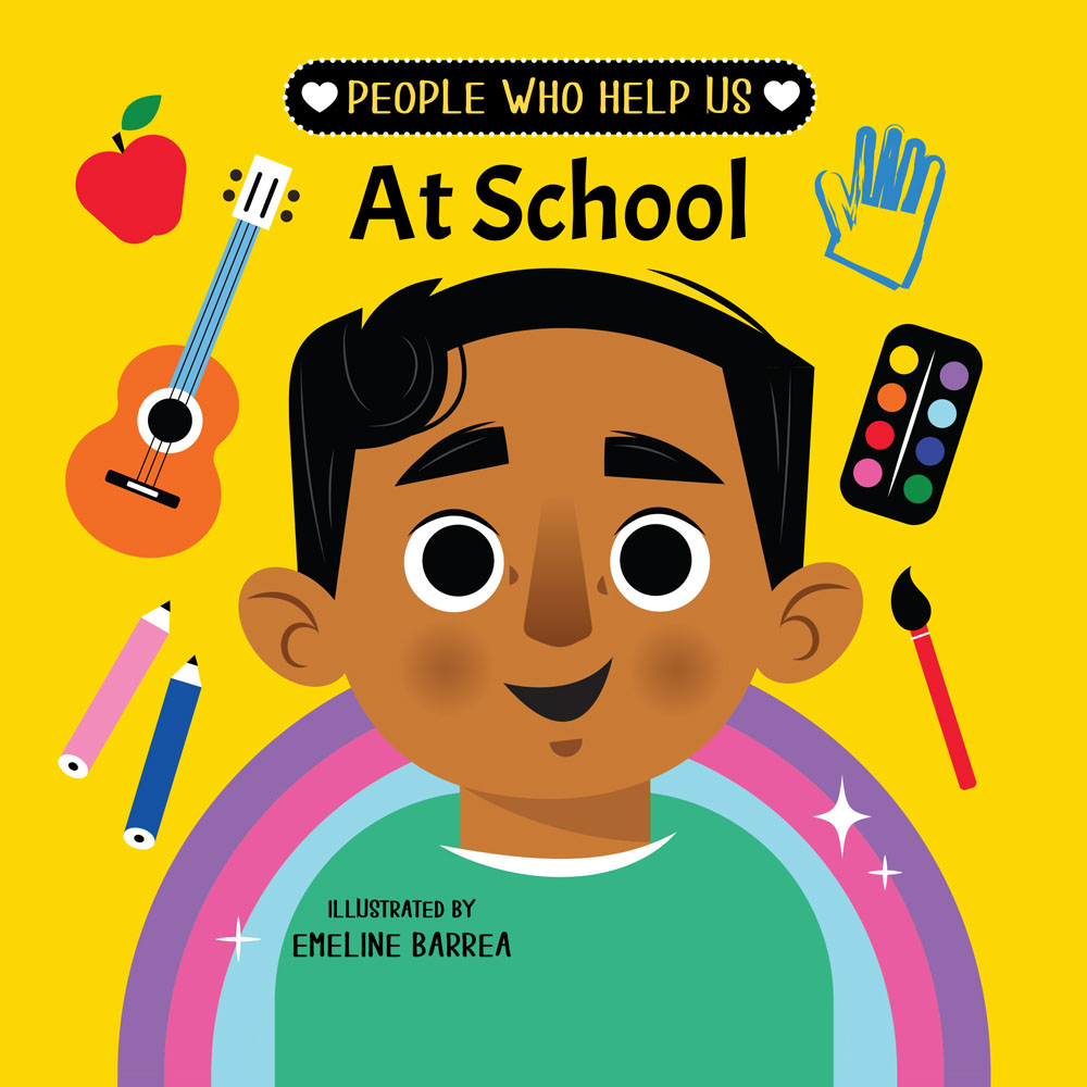 Children book cover showing a teacher portrait surrounded by school supplies on a yellow background.