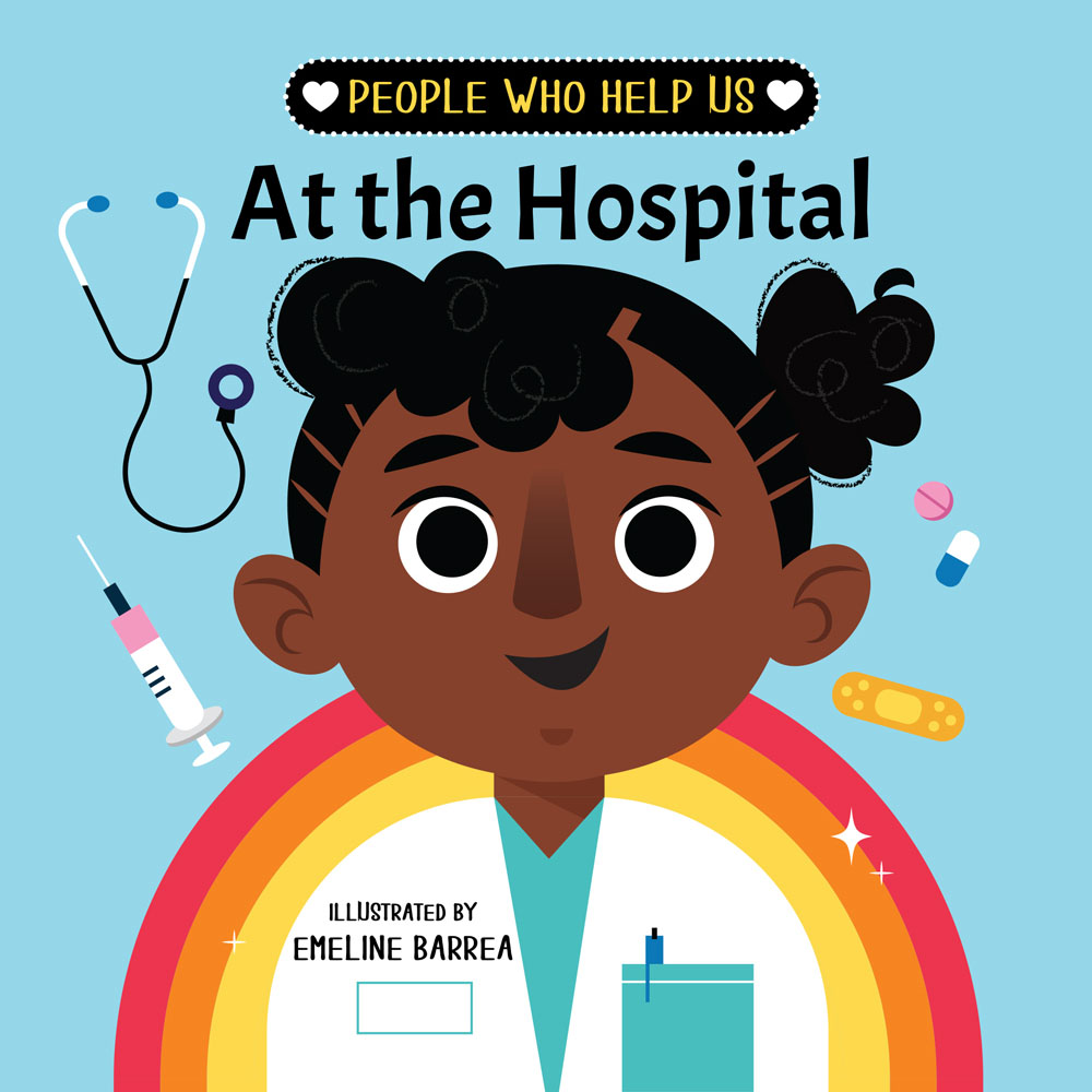 Children book cover showing a doctor portrait surrounded by hospital supplies on a light blue background.