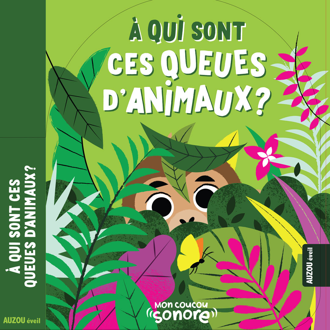 Children book cover showing a monkey hiding behind bushes, leaves and flowers on a light green background.