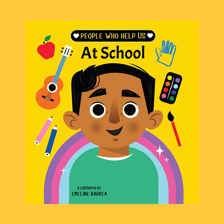 Cover of an illustrated children book presenting a teacher portrait surrounded by school supplies